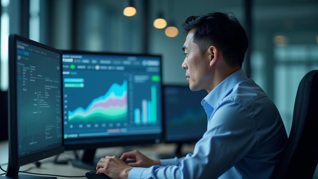 Financial professional reviewing energy investment charts and graphs on computer monitor in modern office