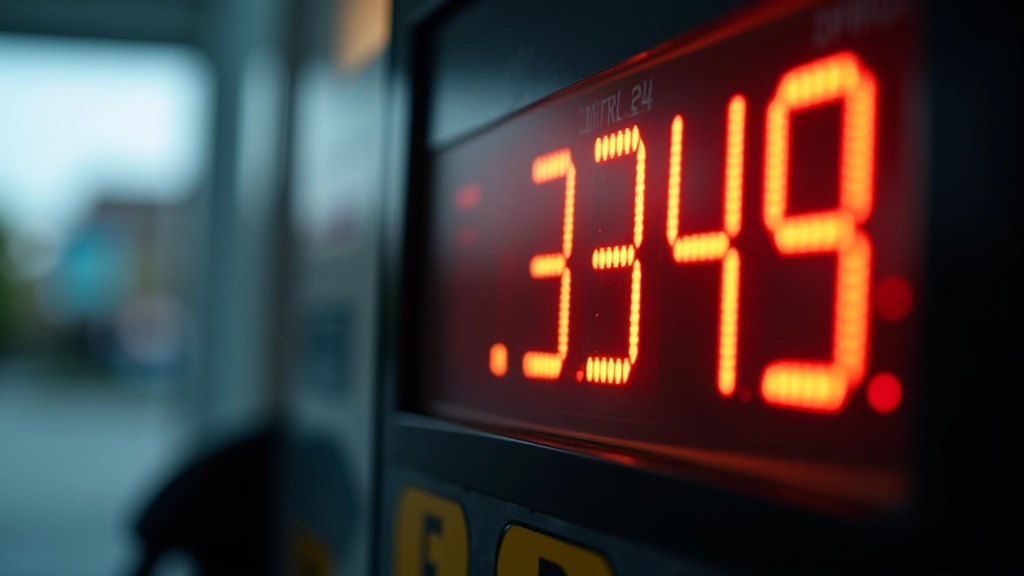 Gas station pump display showing fuel prices with digital numbers and branding