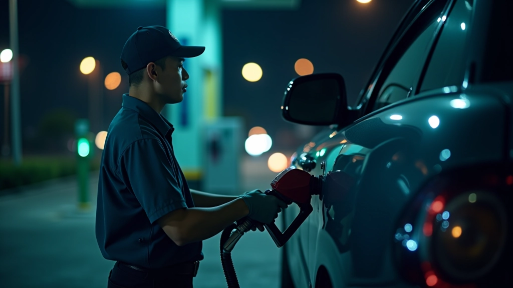 Gas station attendant pumping fuel into vehicle at night with illuminated pump display showing price