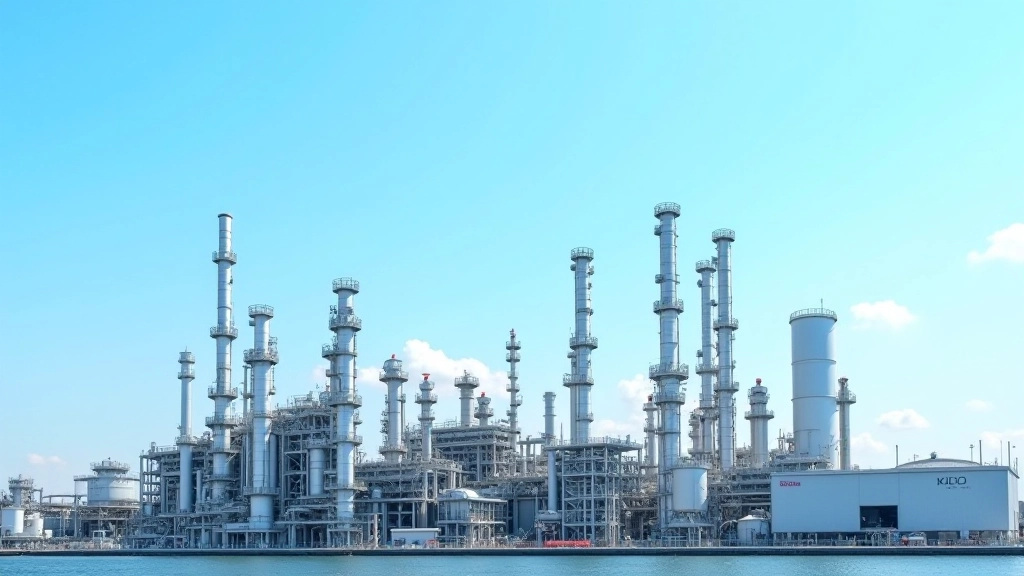 Oil refinery facility with industrial equipment showing petroleum production infrastructure and energy processing operations