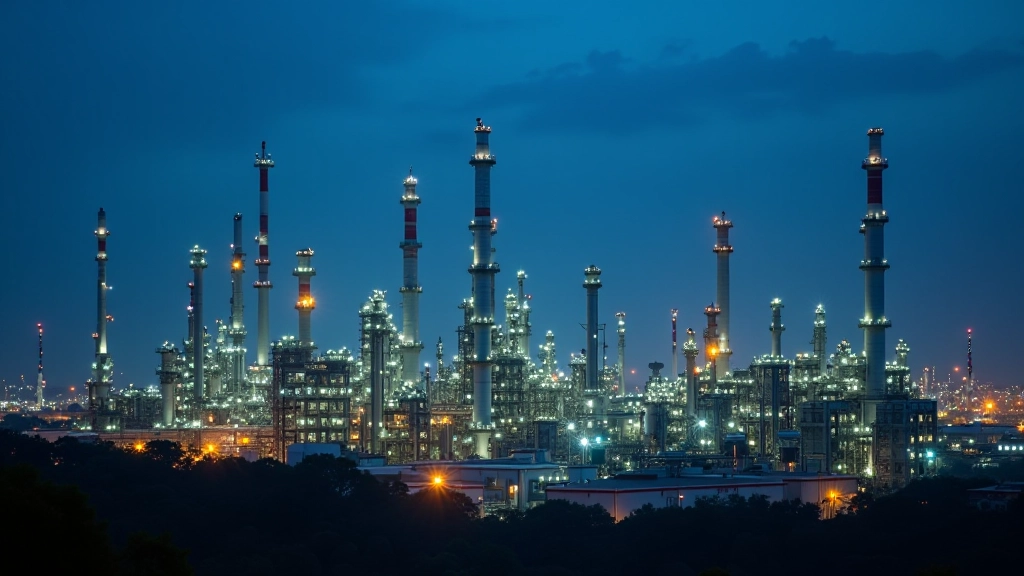 Large oil refinery industrial facility with multiple towers and pipelines at night with illuminated lights