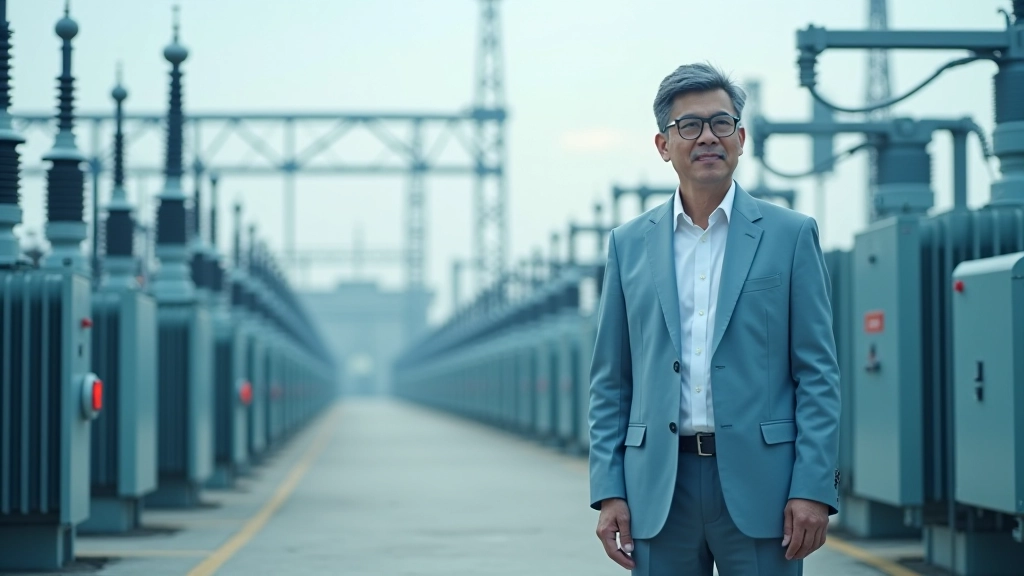 Complex electrical substation with transformers and power distribution equipment against industrial background