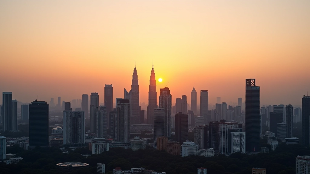 City skyline at sunset with modern buildings and renewable energy infrastructure visible