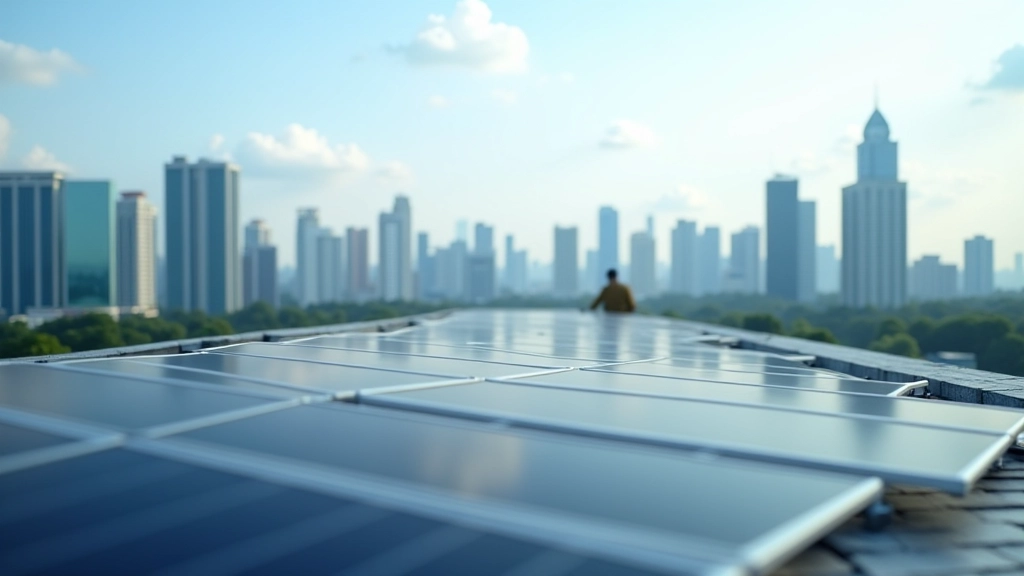 Modern office building with solar panels installed on rooftop overlooking city skyline