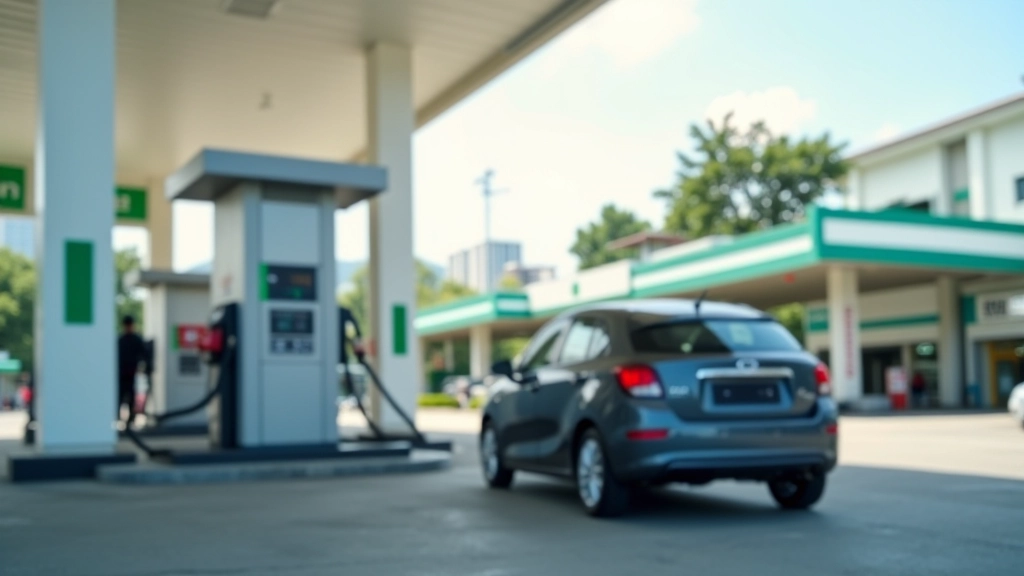 Gas pump station showing fuel pricing display and consumer refueling operations at Malaysian petrol station