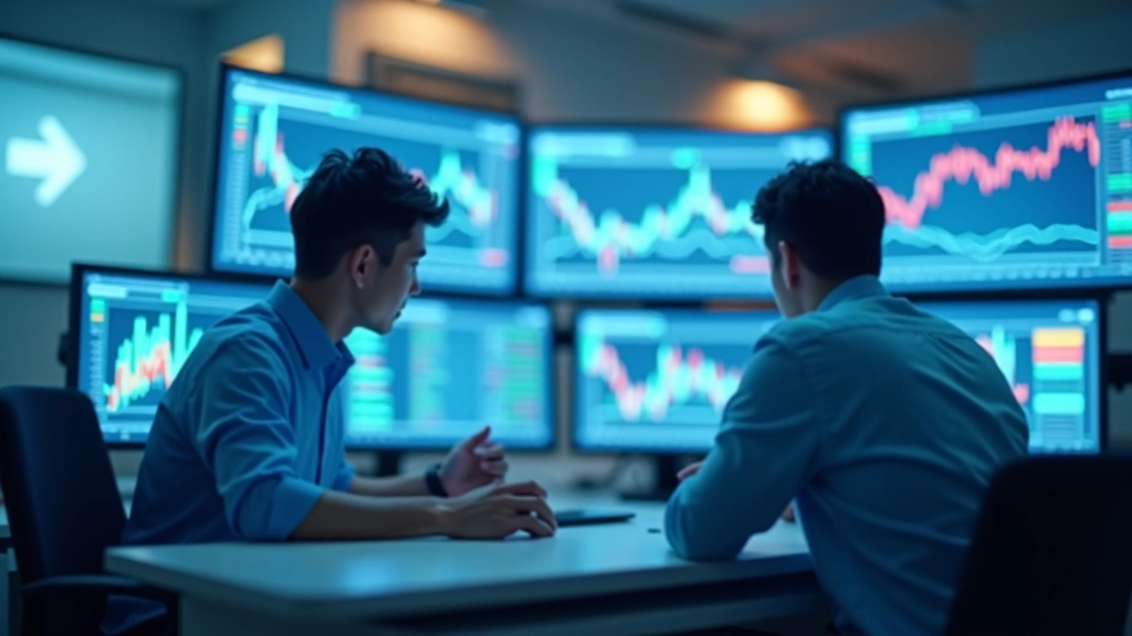 Modern office workspace with multiple computer monitors displaying financial charts and market data