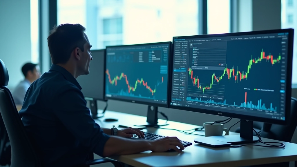 Modern office environment with computer screens displaying energy market data and charts