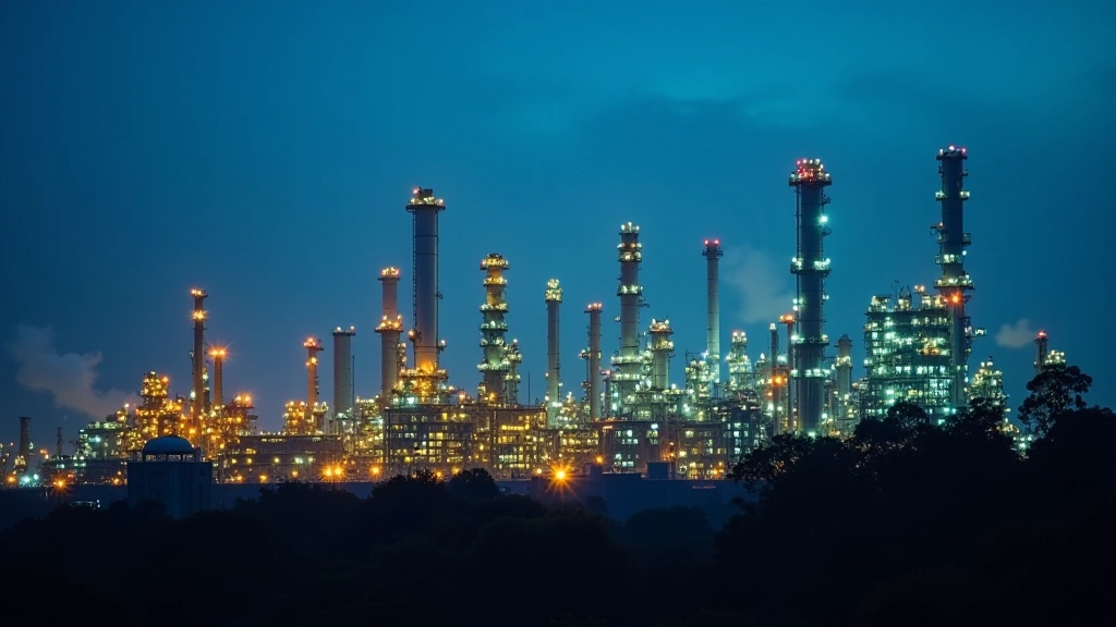 Oil refinery facility at night with illuminated structures, industrial processing towers and pipes