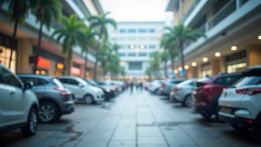 Shopping mall parking lot filled with various vehicles, mix of car types and sizes