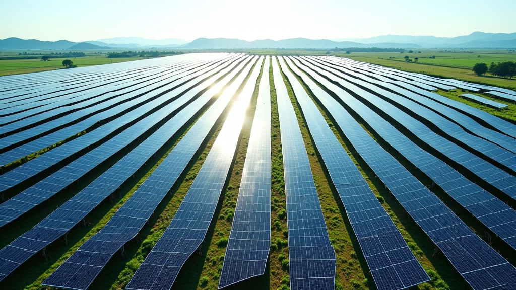 Aerial view of solar panel farm stretching across landscape with rows of blue photovoltaic cells