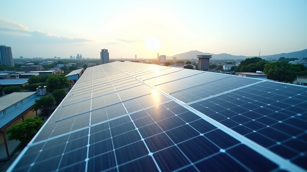 Solar panel installation on industrial roof with clean energy technology and renewable power generation infrastructure